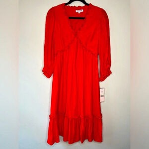 Nanette Lepore Hot Coral 3/4 Sleeve Tired Ruffle Midi Dress V-neck sz 4 NWT
